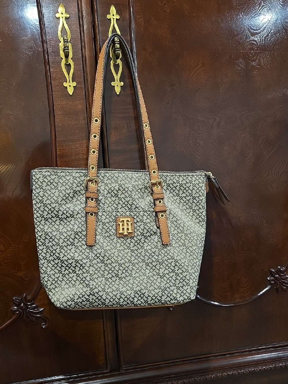 Tommy Hilfiger Beige Monogram Tote with Tan Straps and Gold Hardware